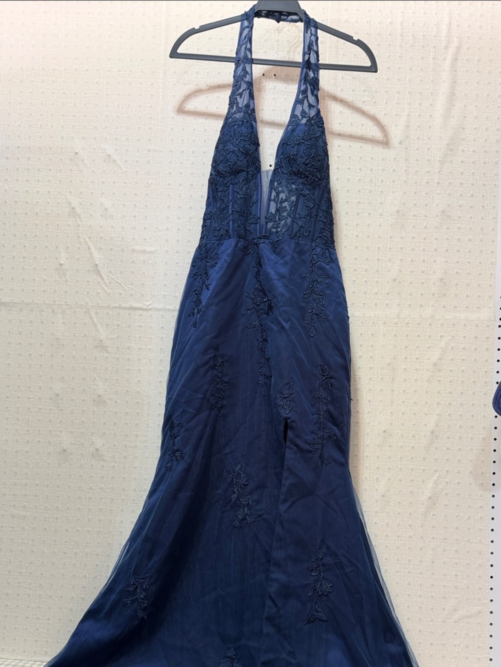 Deep Navy Halter Prom Gown with Embroidered Bodice